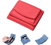 NUTSE 2023 New Genuine Leather RFID Blocking Card Holder Organizer Pocket Mini Wallet, Unisex Anti-Credit Card Fraud Foldable Slim Compact Wallet, Red, Urban Simplicity