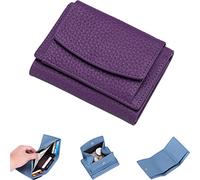 NUTSE 2023 New Genuine Leather RFID Blocking Card Holder Organizer Pocket Mini Wallet, Unisex Anti-Credit Card Fraud Foldable Slim Compact Wallet, Purple, Urban Simplicity