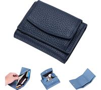 NUTSE 2023 New Genuine Leather RFID Blocking Card Holder Organizer Pocket Mini Wallet, Unisex Anti-Credit Card Fraud Foldable Slim Compact Wallet, Blue, Urban Simplicity