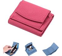 NUTSE 2023 New Genuine Leather RFID Blocking Card Holder Organizer Pocket Mini Wallet, Unisex Anti-Credit Card Fraud Foldable Slim Compact Wallet (Rose Red)