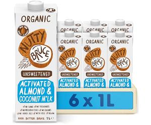 Nutty Bruce - Unsweetened Activated Almond & Coconut Milk - Certified Organic & Vegan Alternative Milk, No Preservatives or Added Oils, Lactose Free, Dairy Free, Soy Free - 6 pack x 1L