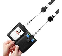 NuVision ID Badge Holder with Retractable Lanyard, Vertical Thick PU Leather ID Badge Card Holders, 1 Clear Window & 2 Credit Card Slots with Secure Buckle for Work ID, License and Access Card