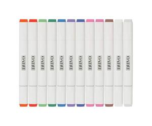 Nuvo Alcohol Marker Pen Bundle with Storage Box - 12 Dual-Tip Pens in Assorted Colours - Tiger Lily, Plum Tomato, Bamboo Leaf, Ultramarine, Blackcurrant Tart, Blueberry Muffin & More