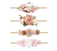 NUWAJP Flower Headband for Babies, 4 Pieces Elastic Hair Bands, Handmade Nylon Bows Headbands, Chic Flower Hair Accessory, Kids Gifts for Newborns, Toddlers
