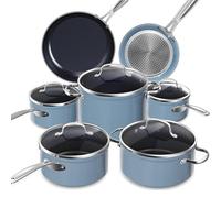Nuwave Induction Ready Cookware Set 12 Pieces G10 Duralon Blue Ceramic in Cozy Blue, Non Stick Pots and Pans, Kitchenware Cooking Set, Cookware with Lids, Saucepan Pots and Frying Pans, PFAS Free