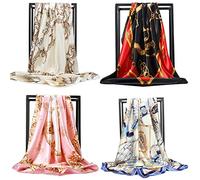 NUWEERIR 4pc Mixed Womens Large Square Scarf Set Silk Feeling Satin Hair Wrapping 35x35 inches, Set 10, One Size