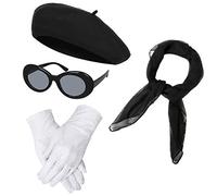 NUWIND 1940s Vintage Classic French Beret Hat, Wool Berets Beanies Cap Hats, Chiffon Scarf, Gloves, Retro Oval Sunglasses (Black)