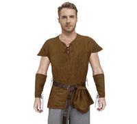 NUWIND 4 pcs Men's Halloween Renaissance Outfit Medieval Tunic Shirt Knight Pirate Costume Vest Viking Waist Belt Wrist Guard Accessories (Brown, L)