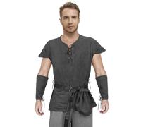 NUWIND 4 pcs Men's Halloween Renaissance Outfit Medieval Tunic Shirt Knight Pirate Costume Vest Viking Waist Belt Wrist Guard Accessories (Dark grey, XL)