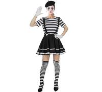 NUWIND French Mime Costume for Women Adult Black And White Striped Top Beret Skirt Knee socks Gloves Artist Circus Performer Carnival Clown Halloween Fancy Dress Outfit (Black White, S)