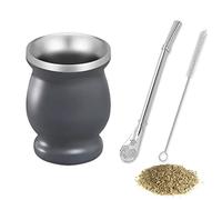 NUWIQ Yerba Mate Cup,Grey with Straw Spoon and Cleaning Brush, Yerba Tea Set, Stainless Steel Yerba Mate Cup, Easy to Clean Yerba Mate Gourd, for Yerba Mate Drink Coffee Milk Juice
