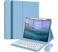 NUWONAYA Keyboard Case with Mouse for iPad 9th/8th/7th Gen 10.2 inch, iPad Air 3, iPad Pro 10.5" 2017, Candy Round Key Magnetic Detachable Keyboard, Built-in Pen Holder，Misty Blue