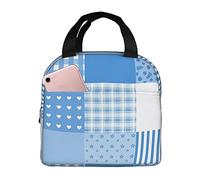 NUYFVG Fashion Blue and White Checked Patchwork Waterproof Insulated Lunch Bag, Fashionable Lunch Box with Pocket and Zipper for Work & Outdoor Picnic