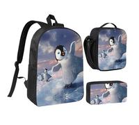 NUYFVG Happy Penguin Print Soft Breathable Backpack Set Lunch Bag Pen Case Adjustable Straps Boys Girls Teens
