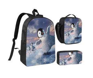 NUYFVG Happy Penguin Print Soft Breathable Backpack Set Lunch Bag Pen Case Adjustable Straps Boys Girls Teens