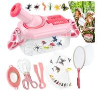 nuyikaso Bug Catcher for Kids 6 Pcs Bug Hunting Kits for Children with 12 Fake Insects 360° Rotating Viewing Angle Magnifying Glass Outdoor Explorer Educational Toys Gifts for 3-8 Years Old Pink