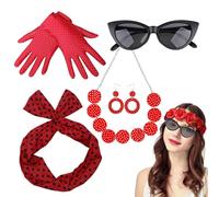 Nuytghr 1950's Women Costume | Polka Dots Headband Necklace for Women - 50s Retro Cat Eyes Glasses Fancy Dress Outfit Disco Outfit for Women Girls Family