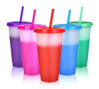 NUZEKY Cold Drink Cups with Lids & Straws for Iced Coffee,Party -Colour Changing, 5 Pack Reusable Bulk Plastic Cute Tumblers for Adults - 24oz