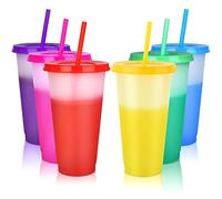 NUZEKY Colour Changing Cups with Lids & Straws - 6 Pack Cute Reusable Bulk Plastic Cup Tumblers - Iced Cold Drinking Coffee Travel Mug 24oz Party Tumbler