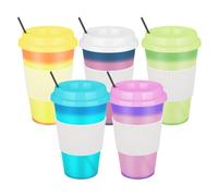 NUZEKY Plastic Coffee Cups with Lids Straws: 16oz 5 Pcs Colour Changing Cups for Hot & Cold Drinks - Iced Coffee Cup Party Tumbler Bulk for Kids Adults - Party Smoothie Cup Travel Mugs