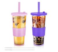 NUZEKY Reusable Cup with Lids & Straw: 2 Pack 24oz Clear Tumbler Iced Coffee Smoothie Tea Cups with Silicone Sleeve - Double Wall Insulated Cold Drinking Plastic Cups (Purple)
