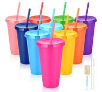NUZEKY Reusable Plastic Cups with Straws & Lids - 10Pcs 24oz Cold Iced Coffee Drinking Cup Colorful Straw Tumblers Bulk - Cute Durable Travel Party Cup for Adults