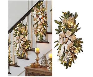 Nuziku Christmas Banister Decorations - Artificial Stair Garland with Lights, Big Bow Hanging Christmas Swag Teardrop Swag for Party & Shopwindow Stair Decoration