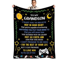 NVDOXSA Cozy Grandson Blanket Gift, Letter Blanket Gift to My Grandson, Grandson Blanket Gift from Grandparents for Thanksgiving Birthday Christmas Flannel Blankets 60''x50'' Gift for Grandson