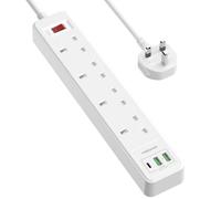 NVEESHOX 4 Plug Extension Lead 2M, 2 USB-A & 1 USB-C, (13A 3250W) | Extension Cord, Surge Protected Extension Lead with USB Slots, Multi Plug Extension Sockt, White, Extension Cable for Home