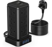 NVEESHOX Extension Lead Surge Protection, 12 Way Power Strip Tower with 4 USB Slots 5M/16FT Long Extension Cord Multi Plug 2500W Overload Protection