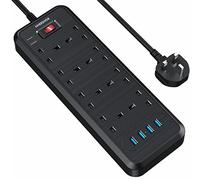 NVEESHOX Extension Lead with 4 USB Slots, 8 Way Multi-Plug with 2M Extension Cord, 3250W Surge Protection Independent Switch Extension Cable, Wall Mounted Smart UK Power Socket for Home Office
