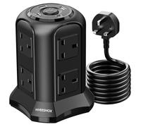 NVEESHOX Tower Extension Lead with USB Slots 2M (13A 3250W), 20W USB C Fast Charge, Surge Protected Extension Lead with 8 Way Outlets and 4 USB Ports, Multi Plug Extension Socket for Office, Home