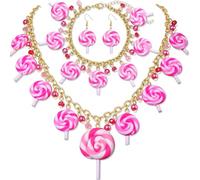 NVENF Candy Jewelry Set Costume Accessories Christmas Candy Cane Lollipop Necklace Bracelet Earrings Candyland Costume Halloween Christmas Outfits for Women Birthday Party Favors Gifts, Acrylic, No
