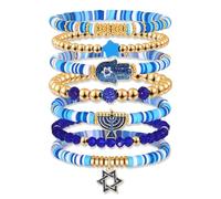 NVENF Hanukkah Bracelets for Women Jewish Bracelet Stack Star of David Menorah Dreidel Charm Bracelets Blue Heishi Beaded Stretch Bracelet Hanukkah Outfit Jewish Jewelry Gifts, L, Crystal, no gemstone