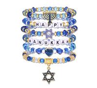 NVENF Hanukkah Bracelets for Women Jewish Bracelet Stack Star of David Menorah Dreidel Charm Bracelets Blue Heishi Beaded Stretch Bracelet Hanukkah Outfit Jewish Jewelry Gifts, L, Crystal, no gemstone
