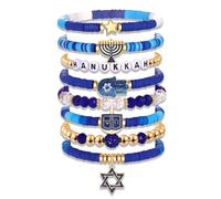 NVENF Hanukkah Bracelets for Women Jewish Bracelet Stack Star of David Menorah Dreidel Charm Bracelets Blue Heishi Beaded Stretch Bracelet Hanukkah Outfit Jewish Jewelry Gifts, L, no gemstone