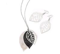 NVENF Leaves Earrings and Necklaces Set Multi Tiered Leaf Pendant Necklace Fashion Statement Earrings Metal Sparkling Modern Jewelry Sets (Silver & Black)