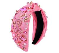 NVENF Pink Ribbon Knotted Headbands for Women, Breast Cancer Awareness Headband Rhinestone Pearl Knotted Headband Embellished Wide Top Knot Headbands Fashion Hair Accessory (Pink Ribbon B)