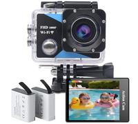Nvgfelis Action Cam 1080P with WiFi 30M Underwater Camera Waterproof Ultra HD Telecamera Moto, Action Camera with Battery Ratiaricabile da 2 x 1050 mAh e Set di Accessories