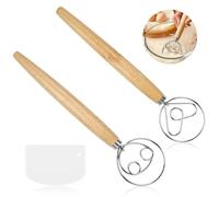 NVGVUP 2 Pcs Bread Dough Whisk, 13 in Danish Dough Whisk for Quick Mixing, Double Eyes Stainless Egg Beater with Long Wooden Handle, Ideal for Sourdough Flour Bread Baking Cooking