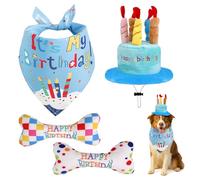 NVGVUP 4-Piece Dog Birthday Toy Set, Squeaky Dog Toy, Adjustable Pet Birthday Hat, Dog Birthday Bandana, Birthday Bone Plush, for Small, Medium Dogs