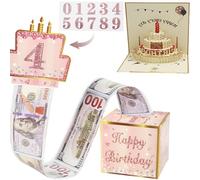 NVGVUP Happy Birthday Money Box with 3D Pop Up Birthday Greeting Cards, Surprise Cash Gift Box with 50 Clear Bags for Girls Women, Money Cake Pull Out Kit for Any Age