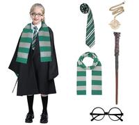 NVGVUP Wizard Costume Set, 11 Pcs Wizard Cloak Magic Robe Costume with Magician Robe, Tie Scarf Wand, Childs Wizard Kit for Fancy Dress Halloween World Book Week Birthday Parties (Green)