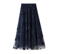 nvIEFE Womens Tutu Tulle Skirt High Waist Pleated Maxi Skirts Floral Print Mesh A-Line Midi Swing Skirt Chiffon Petticoat Big Hem Skirt (C-Navy Blue, One Size)