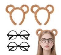 NVTEGR 2 Pcs Bear Ear Headbands + 2pcs Black Round Frame Glasses, Alvin and the Chipmunks Costume, Chipmunk Ears Accessories for Halloween Party, Cosplay, World Book Day Dress Up (Brown)