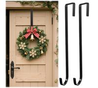 NVTEGR 2Pcs Wreath Hanger for Front Door, Door Hooks, Sturdy Hanger, Reusable Over Hook for Clothes, Wreath Hanger Suitable for Christmas Halloween Easter(Black)
