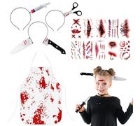 NVTRSD SHOCKING HALLOWEEN SET: 3 Scary Headbands (Knife, Scissors, Syringe in Head) + Bloody Butcher Apron + 10 Realistic Scar Tattoos | Horror Accessories for Adult Party