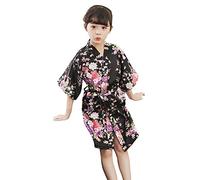 nvtuuer Girls Satin Kimono Robe, Peacock and Flowers, Dressing Gown for Spa, Wedding, Birthday, black, 13-14 Years