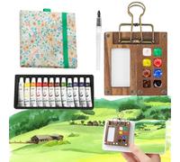 Nvwa Kiro 5Pcs Mini Watercolour Paint Set Travel, 8 Grids Wood Pocket Watercolour Set, Foldable Watercolour Kit for Painters, Artists and Student (Sketchbook, Palette, Metal Clip, Pen, Paints)