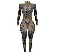 Nvwangchangku Fashion Diamonds Skinny Jumpsuit Women Nightclub Prom Party Outfit Singer Dancer Performance Costume Stage Wear (Gold, One Size)